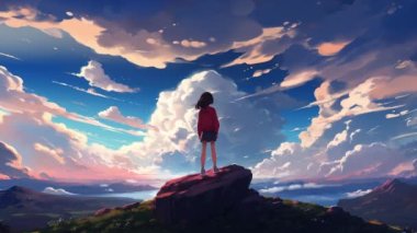 Animasyon Sanal Kız bulutlara bakıyor. Anime tarzı