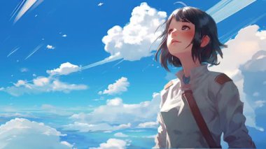 Animasyon Sanal Kız bulutlara bakıyor. Anime tarzı