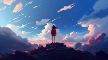Animasyon Sanal Kız bulutlara bakıyor. Anime tarzı