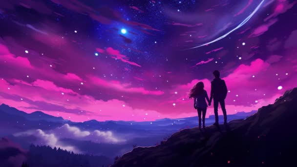 Couple Virtuel Animé Amoureux Sur Fond Paysage Ciel Sombre Étoiles — Video