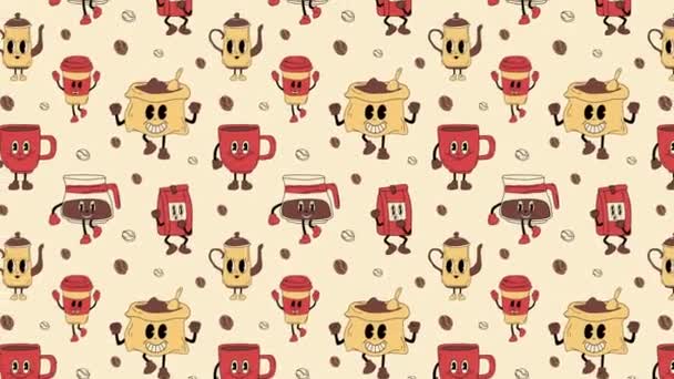 Retro Kaffe Tals Tecknad Maskot Karaktär Gammal Animation Loop Bakgrund — Stockvideo