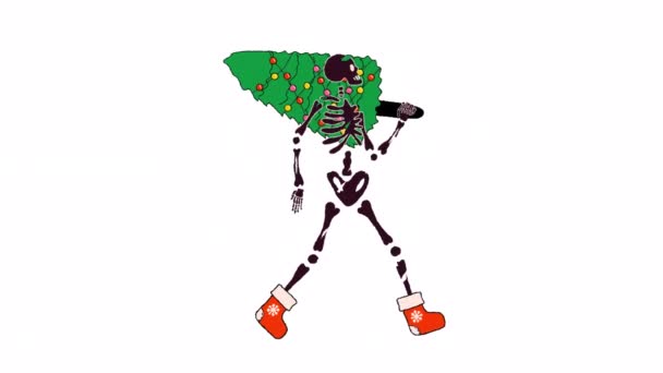 Funny Skeleton Dengan Dekorasi Natal Elemen Desain Animasi Gambar Tangan — Stok Video