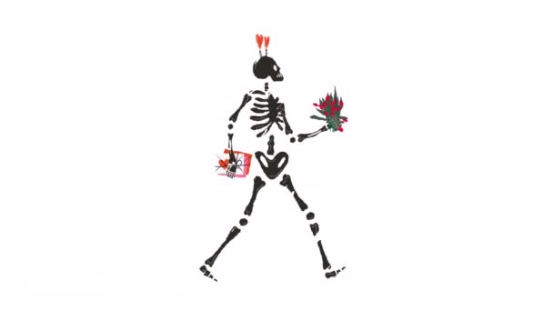 Esqueleto Divertido Con Decoración Para Día San Valentín Video Dibujado — Vídeos de Stock