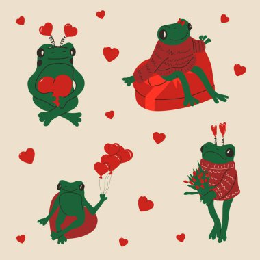 Sevgililer günü süslemeleri olan şirin kurbağa seti. Vektör illüstrasyonu.