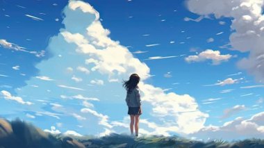 Animasyon Sanal Kız bulutlara bakıyor. Anime tarzı