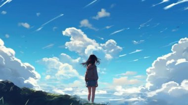 Animasyon Sanal Kız bulutlara bakıyor. Anime tarzı