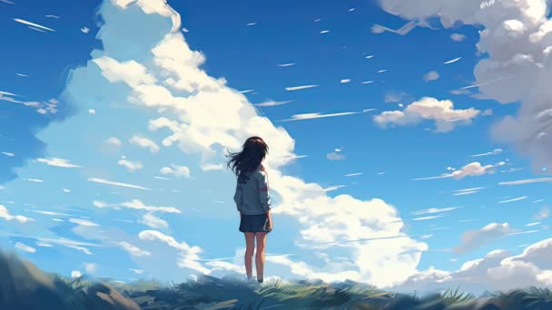 Ragazza Virtuale Animata Guardando Tra Nuvole Parallax Stile Anime — Video Stock