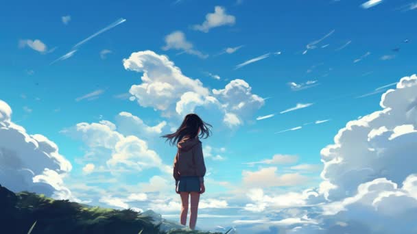 Animált Virtuális Lány Néz Felhők Párhuzamos Anime Stílus — Stock videók