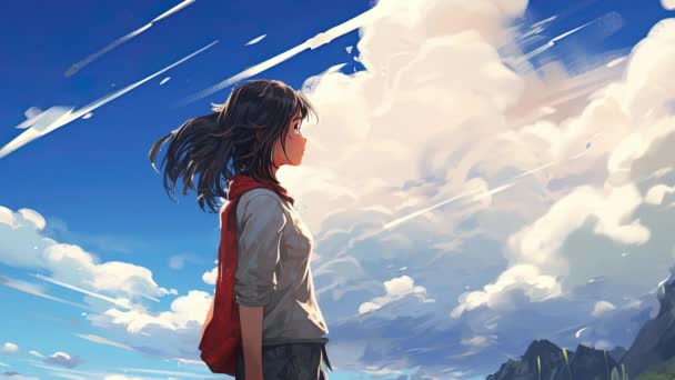 Animiertes Virtuelles Mädchen Das Die Wolken Blickt Parallax Anime Stil — Stockvideo