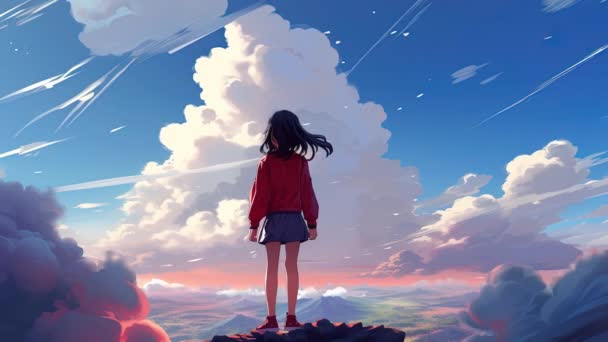 Geanimeerd Virtueel Meisje Dat Naar Wolken Kijkt Parallax Animatiestijl — Stockvideo