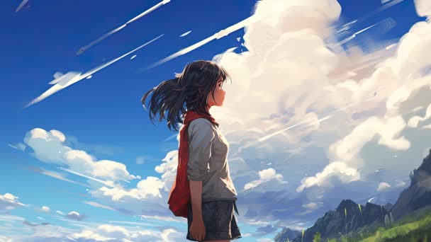 Chica Virtual Animada Mirando Hacia Las Nubes Estilo Anime — Vídeos de Stock