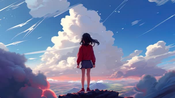 Анімаційна Віртуальна Дівчина Дивиться Хмари Стиль Аніме — стокове відео
