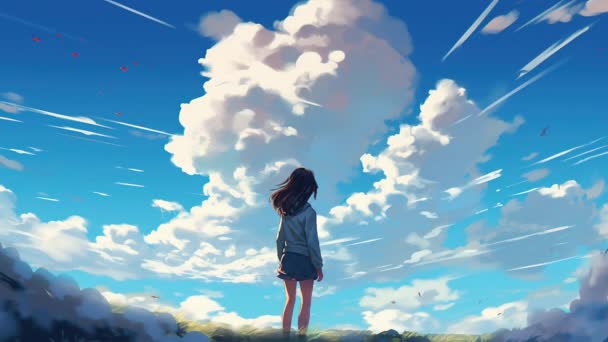 Chica Virtual Animada Mirando Hacia Las Nubes Estilo Anime — Vídeos de Stock