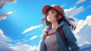 Animasyon Sanal Kız bulutlara bakıyor. Parallax. Anime tarzı