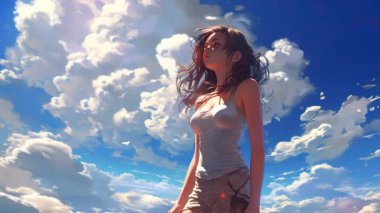 Animasyon Sanal Kız bulutlara bakıyor. Parallax. Anime tarzı