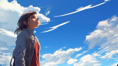 Animasyon Sanal Kız bulutlara bakıyor. Parallax. Anime tarzı