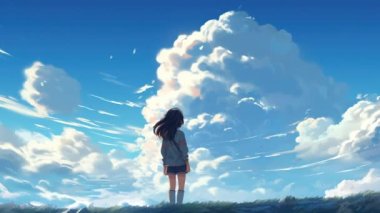 Animasyon Sanal Kız bulutlara bakıyor. Parallax. Anime tarzı