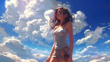 Animasyon Sanal Kız bulutlara bakıyor. Anime tarzı