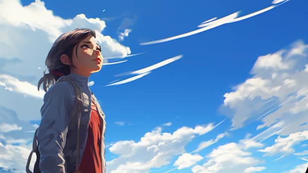 Garota Virtual Animada Olhando Para Nuvens Paralaxe Estilo Anime — Vídeo de Stock