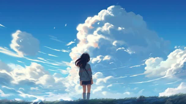 Garota Virtual Animada Olhando Para Nuvens Paralaxe Estilo Anime — Vídeo de Stock
