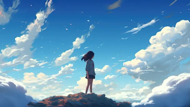 Анимированная Виртуальная Девушка Смотрящая Облака Параллакс Аниме Стиль — стоковое видео