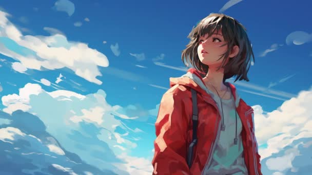 Animowana Wirtualna Dziewczyna Spoglądająca Chmury Paralaksa Styl Anime — Wideo stockowe
