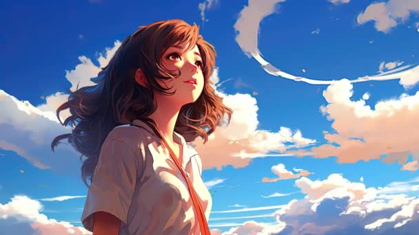 Chica Virtual Animada Mirando Hacia Las Nubes Paralaje Estilo Anime — Vídeos de Stock