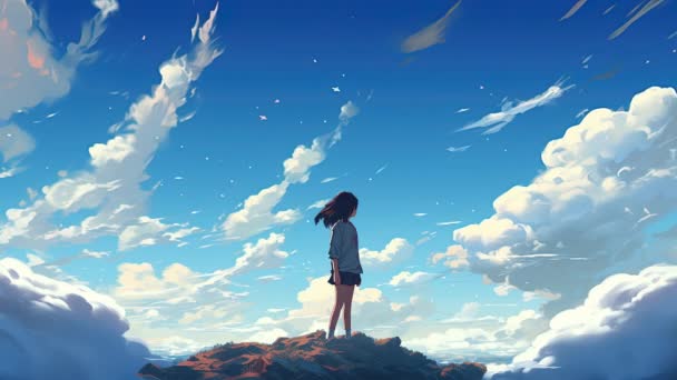 雲の中を眺めながらアニメ化された仮想少女 アニメスタイル — ストック動画