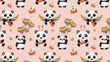 Oturan sevimli pandalarda gökkuşağı kalpleri animasyon döngüsü arka planı var. Video yassı çizgi film animasyon tasarım elementi. 4K video görüntüleri