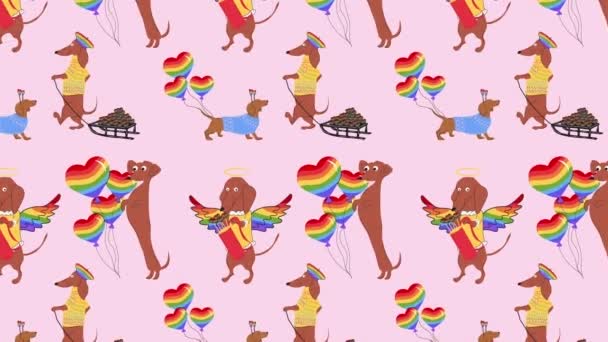 ダッハウンド犬は虹のハートアニメーションループバックグラウンドを引っ張ります ビデオフラット漫画アニメーションデザイン要素 4Kビデオ映像について — ストック動画