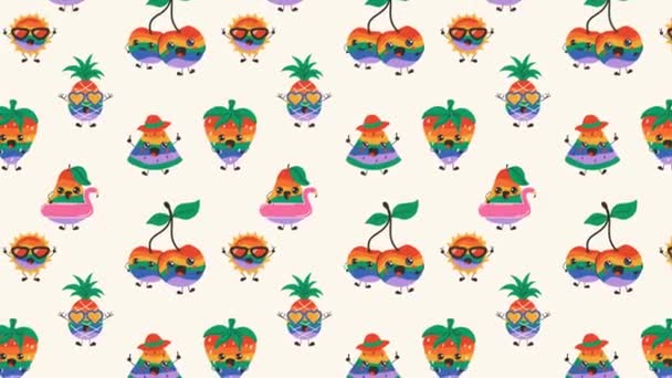 Lindo Feliz Divertido Arco Iris Frutas Con Ojos Kawaii Animación — Vídeo de stock