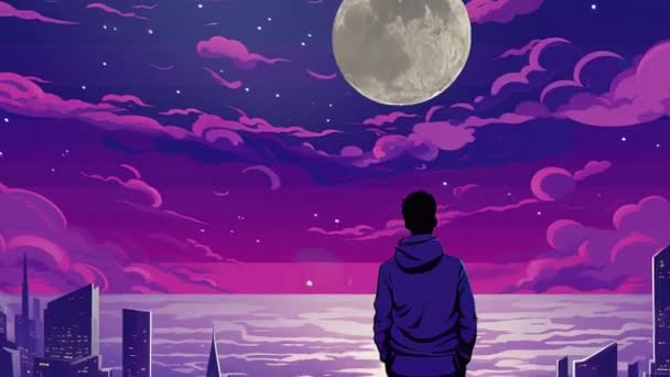 景观背景夜城男孩的动画虚拟轮廓 — 图库视频影像