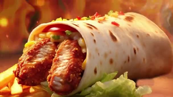 Animation Hot Shawarma Fire Background Chicken Meat Vegetables Salad Wrapped — Stock Video