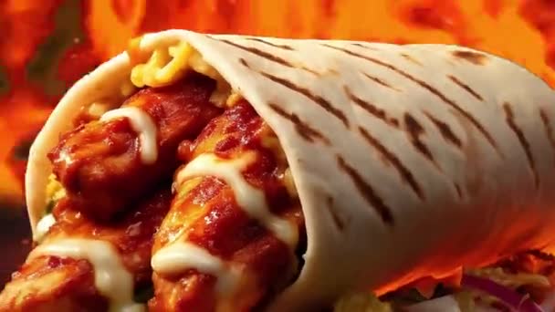 Κινούμενα Σχέδια Hot Shawarma Στο Φόντο Της Φωτιάς Κρέας Κοτόπουλου — Αρχείο Βίντεο
