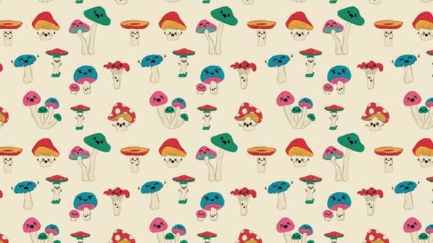 Cute Kawaii Cogumelos Desenhos Animados Animação Loop Fundo Vídeo Plano — Vídeo de Stock