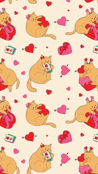 Aranyos Macskák Val Valentin Dekoráció Animáció Loop Háttér Mozgó Függőleges — Stock videók