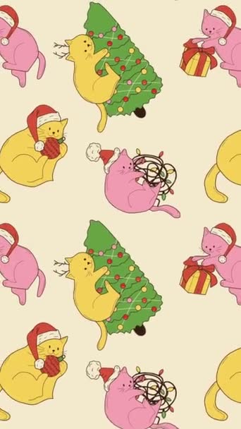 かわいい漫画猫とクリスマスの装飾アニメーションループバックグラウンド 動きの縦の背景 — ストック動画