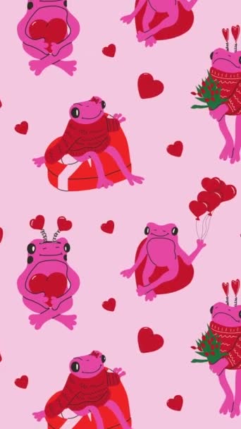 Söt Groda Med Valentiner Dekorationer Animation Loop Bakgrund Rörelse Vertikal — Stockvideo
