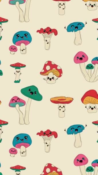 Bonito Kawaii Cogumelos Desenho Animado Animação Loop Movimento Vertical Fundo — Vídeo de Stock