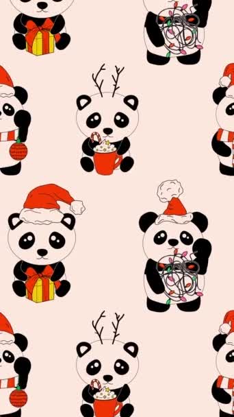 具有装饰圣诞动画循环背景的熊猫 运动垂直背景 — 图库视频影像