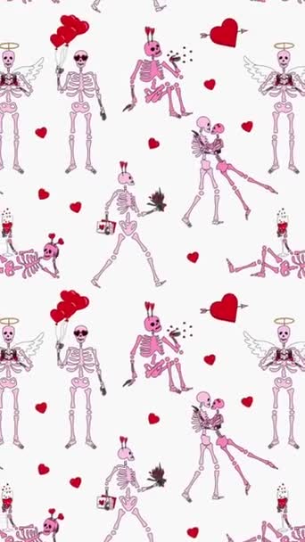 Vicces Csontváz Dekorációval Valentin Napi Animációs Hurok Háttér Mozgó Függőleges — Stock videók