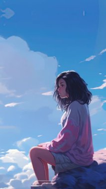 Animasyon Sanal Kız bulutlara bakıyor. Anime tarzı. Hareket dikey arkaplanı