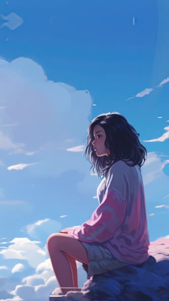 Animowana Wirtualna Dziewczyna Spoglądająca Chmury Styl Anime Ruchome Tło Pionowe — Wideo stockowe
