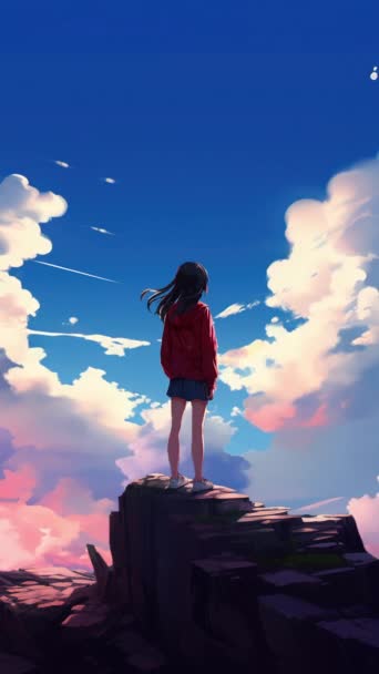 Animowana Wirtualna Dziewczyna Spoglądająca Chmury Styl Anime Ruchome Tło Pionowe — Wideo stockowe
