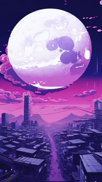 环行动画虚拟背景景观城市背景月亮 黑暗的天空和星星与五彩斑斓的分形星云 运动垂直背景 — 图库视频影像