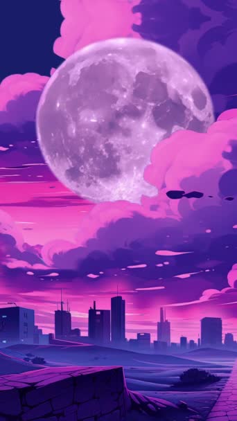 Boucle Animée Milieux Virtuels Paysage Ville Fond Lune Ciel Sombre — Video