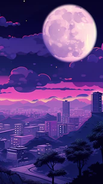 Цикл Анімованих Віртуальних Фонів Пейзажний Міський Фон Місяць Темне Небо — стокове відео