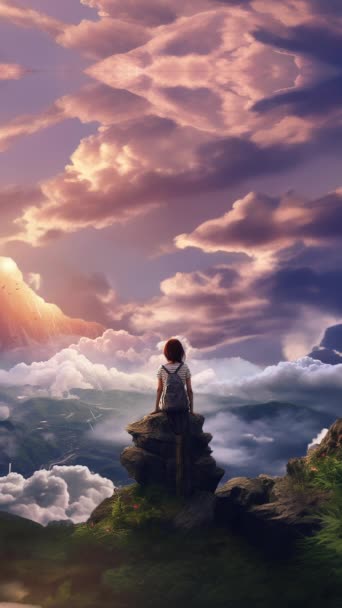 Κινούμενο Εικονικό Κορίτσι Κοιτάζοντας Έξω Στα Σύννεφα Στυλ Anime Κάθετη — Αρχείο Βίντεο