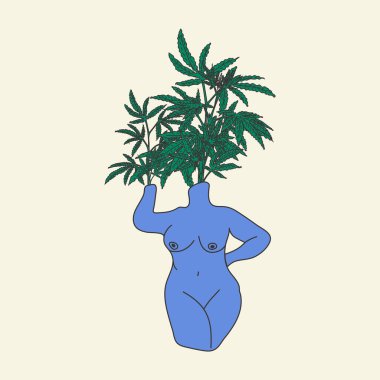 Bitki keneviri çalısı olan renkli çıplak kadın vücudu. Vektör moda illüstrasyonu. Vücut Pozitif