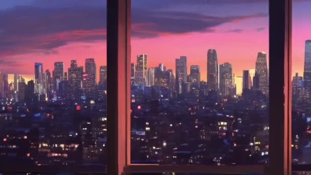 Interior Del Dormitorio Virtual Animado Con Vista Nocturna Ciudad Desde — Vídeos de Stock